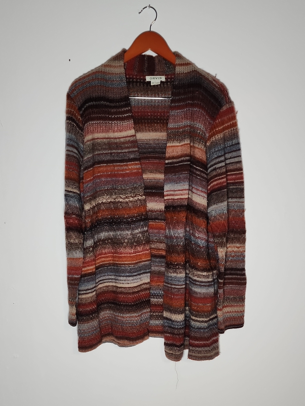 Orvis Striped Open-Front Cardigan in Rust, Brown, Blue and Cream